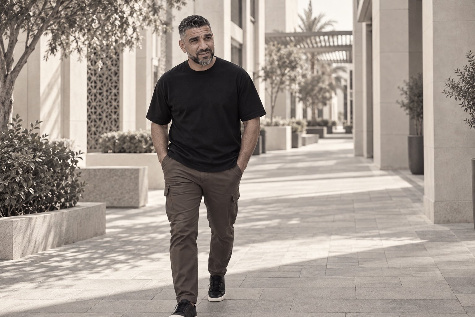 Ali in a contemporary architectural courtyard